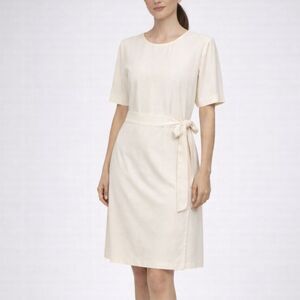 St. John Women’s 8 Ivory Tie Waist Dress Pleated‎ Short Sleeve Office Elegant